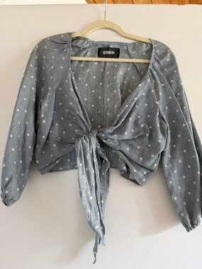 Reformation Light Blue Polka Dot Tie-Front Crop Blouse